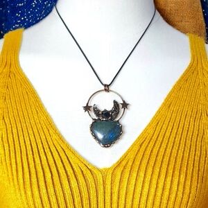 Artisan Boho Chic Labradorite & Black Onyx Moon Star Pendant Copper‎ Necklace